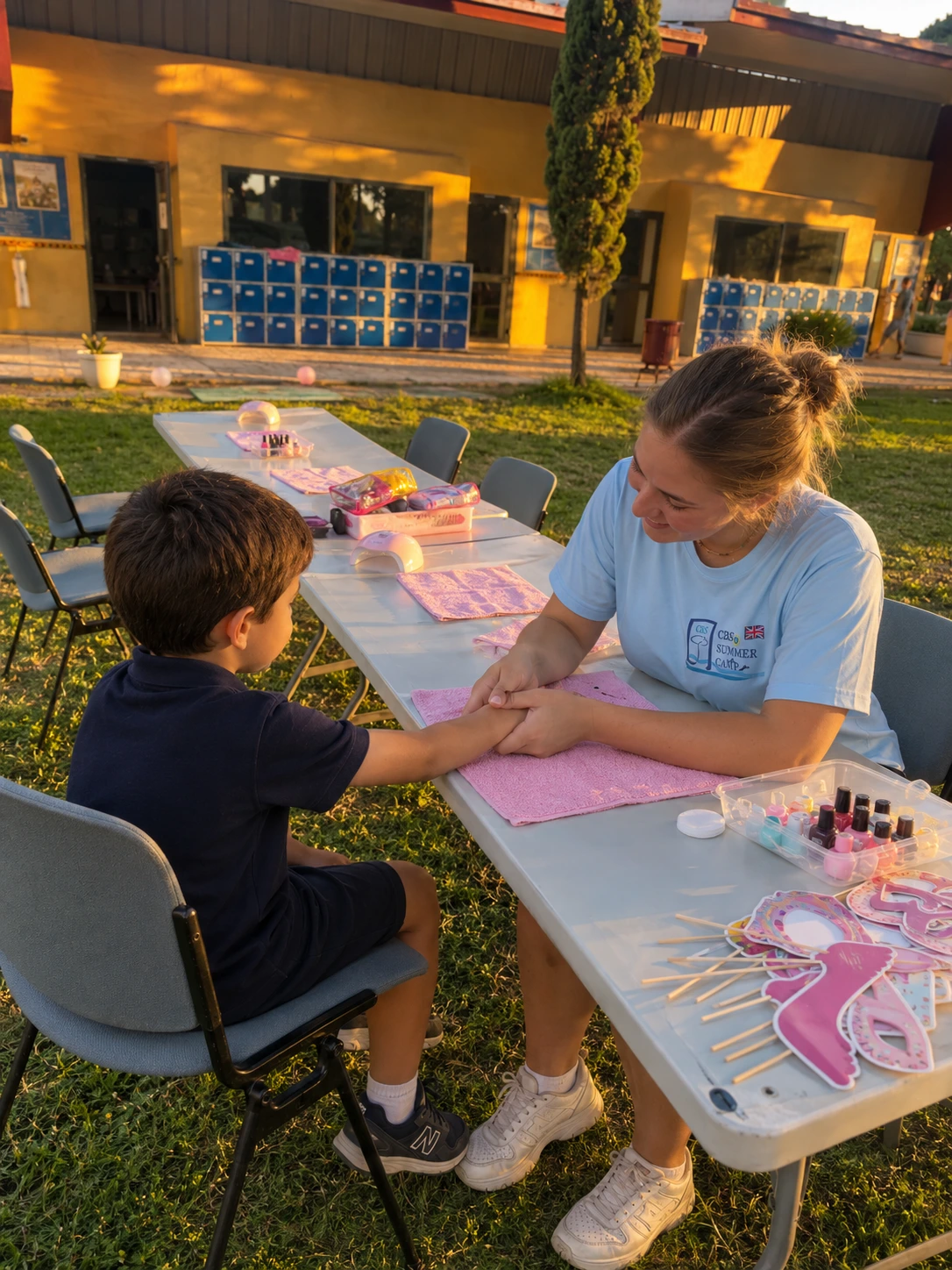 Niño participando en una actividad de masaje de manos en CBS Spa Party Camp